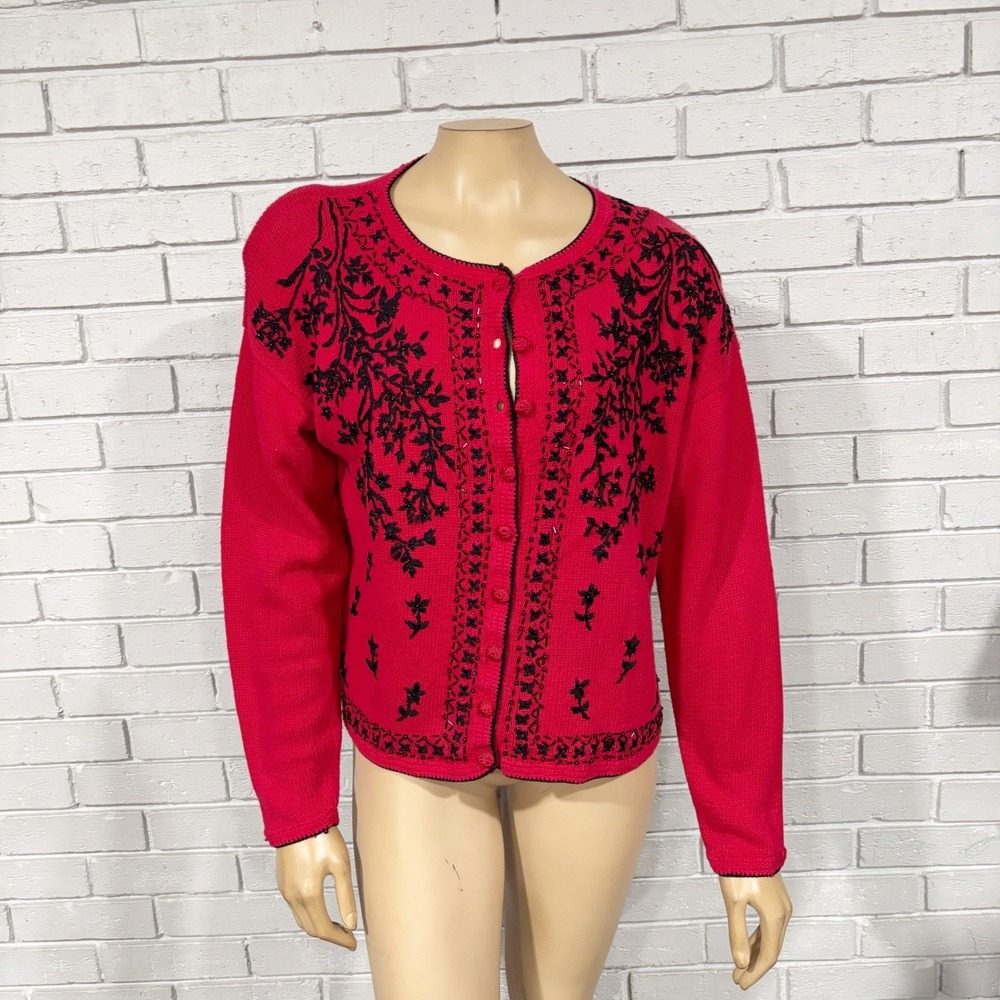 Tiara International Vintage Red Beaded Floral Embroidered Cardigan Statement M